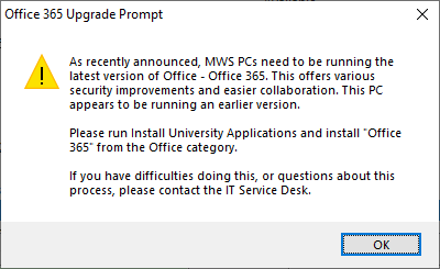 Microsoft 365 upgrade pop-up message